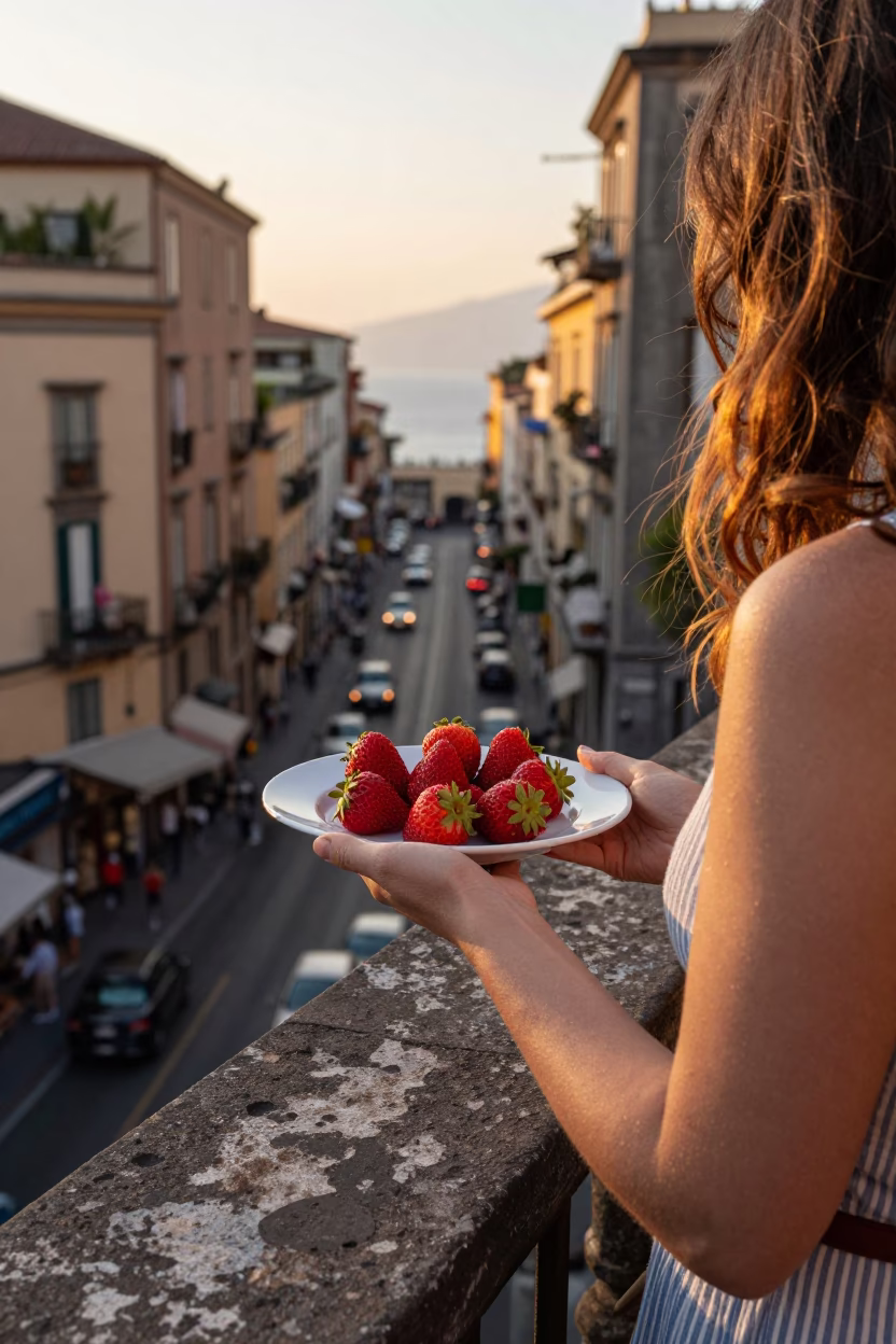 Sunset Street Scene in Naples Italy with Strawberries and Plate on Balcony in in Naples, Italy