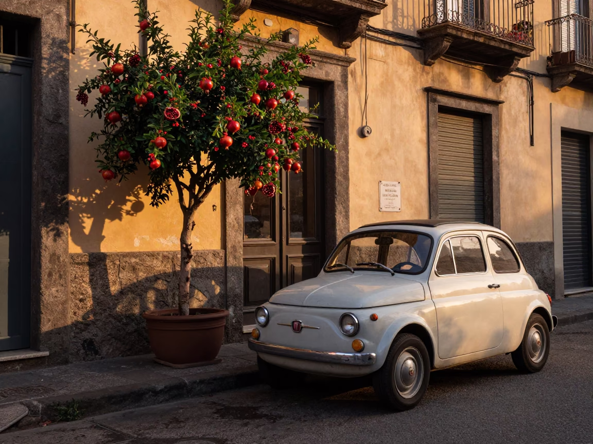 Sunset Street Scene in Naples Italy with Vintage Car and Pomegranate Tree in in Naples, Italy