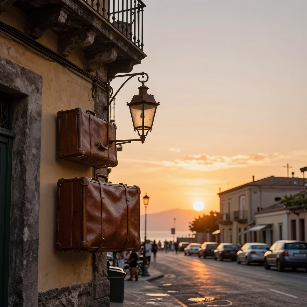 Sunset Street Scene in Naples Italy with Vintage Suitcases and Traditional Lanterns in in Naples, Italy