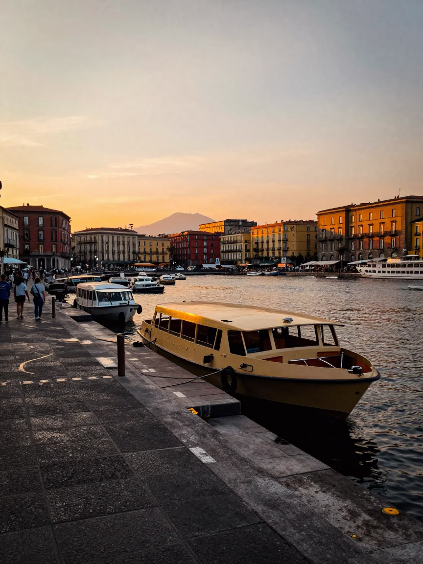 Sunset street scene in Naples Italy with water taxi and local street food in in Naples, Italy