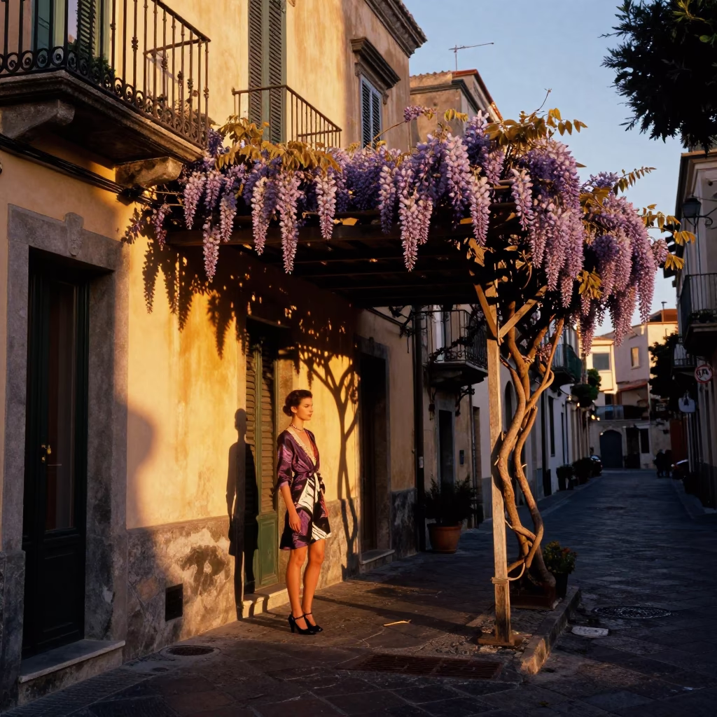 Sunset Street Scene in Naples Italy with Wisteria Pergola and Iron Hook Details in in Naples, Italy