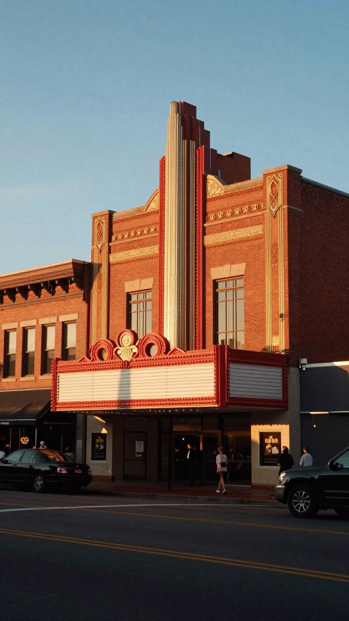 Sunset Street Scene in Nashville Tennessee with Art Deco Cinema Facade and Urban Activity in in Nashville, Tennessee, United States
