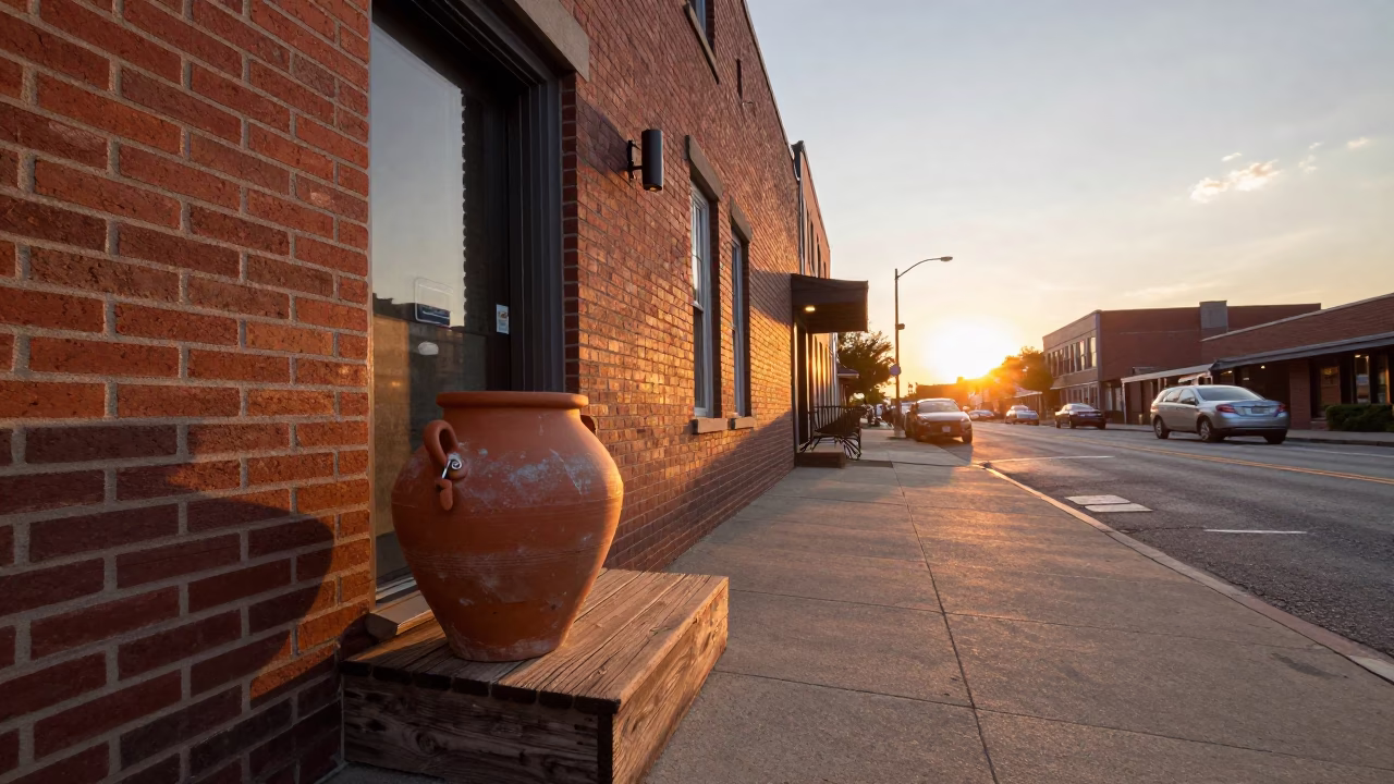 Sunset street scene in Nashville Tennessee with clay pot and latch on brick storefront in in Nashville, Tennessee, United States