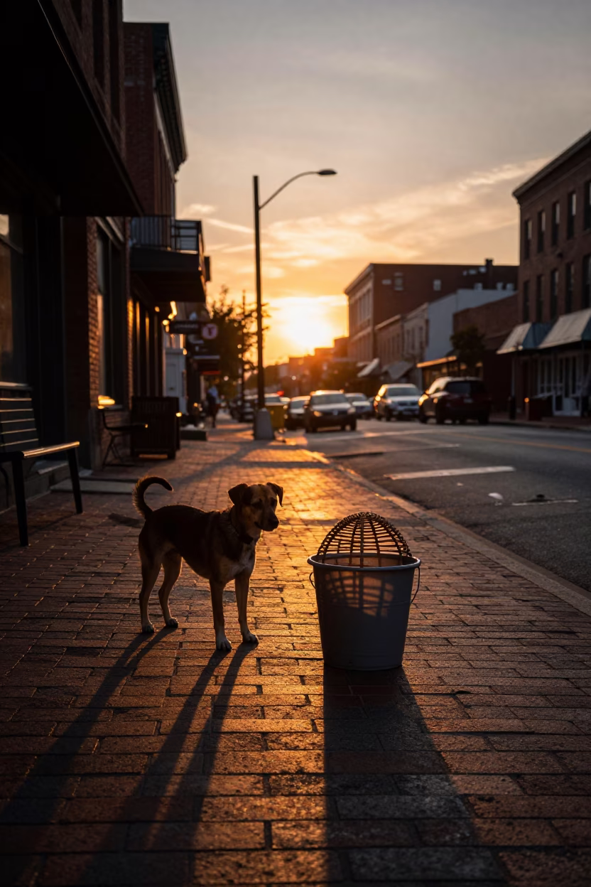Sunset Street Scene in Nashville Tennessee with Dog and Bucket Near Restaurant Entrance in in Nashville, Tennessee, United States