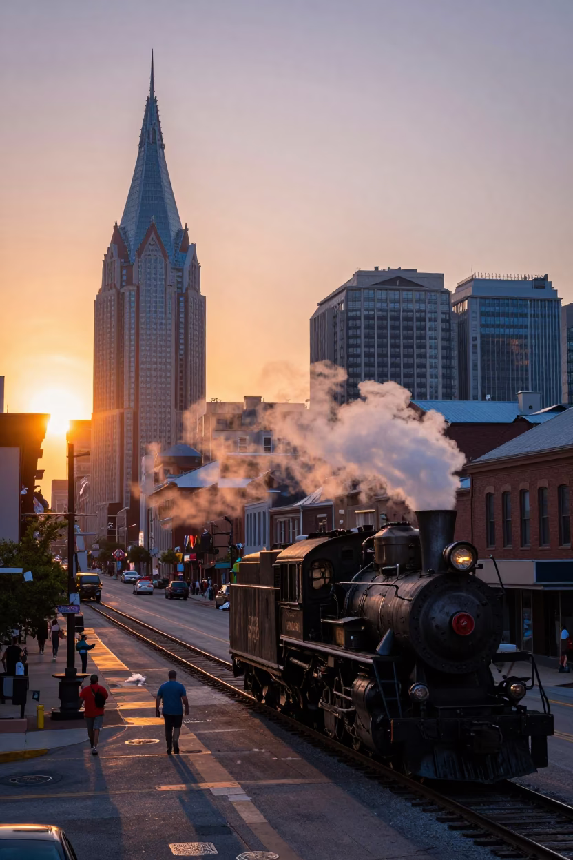 Sunset Street Scene in Nashville Tennessee with Steam and Urban Details in in Nashville, Tennessee, United States