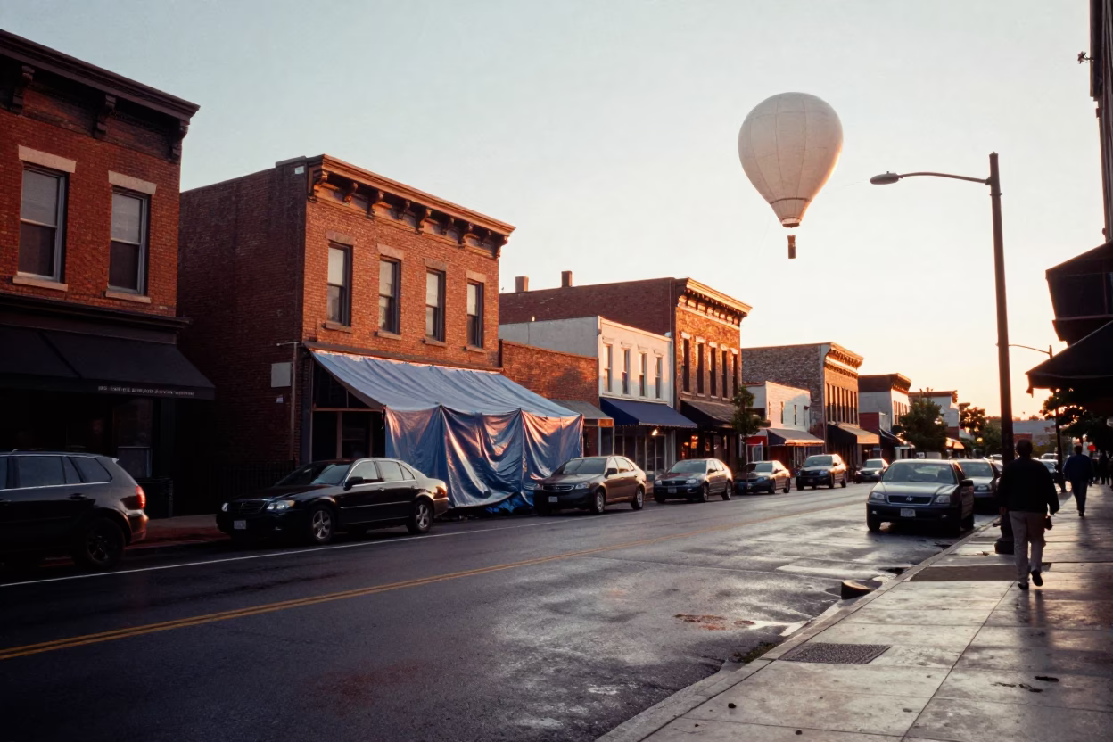 Sunset Street Scene in Nashville Tennessee with Weather Balloon Launch Tarp in in Nashville, Tennessee, United States