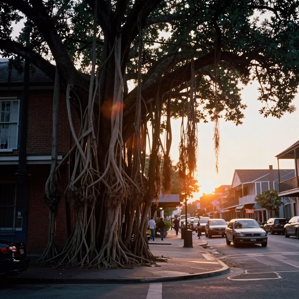 Sunset Street Scene in New Orleans Louisiana with Banyan Grove Roots and Local Life in in New Orleans, Louisiana, United States