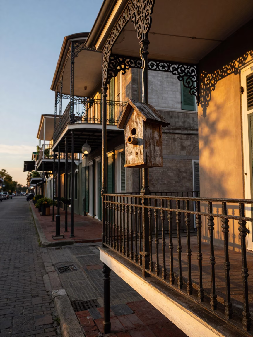 Sunset Street Scene in New Orleans Louisiana with Birdhouse and Casters in in New Orleans, Louisiana, United States