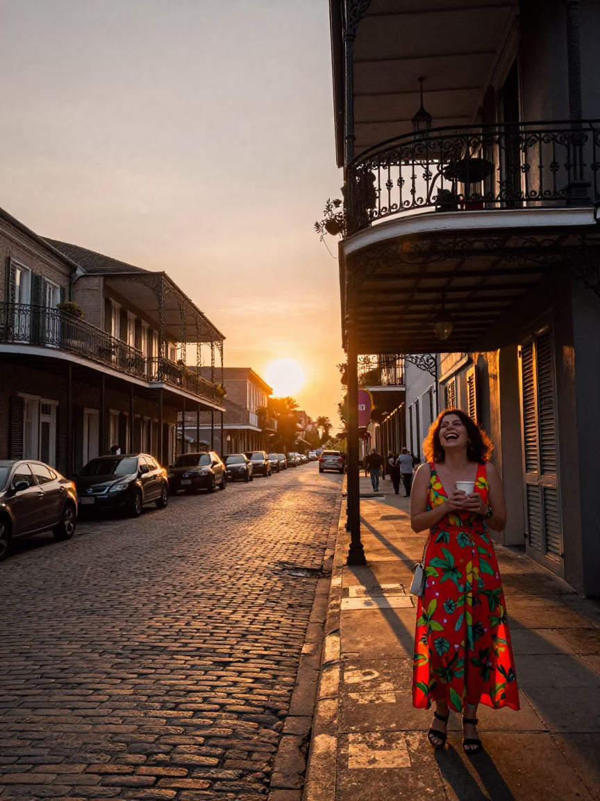 Sunset Street Scene in New Orleans Louisiana with Iron Balconies and Local Life in in New Orleans, Louisiana, United States