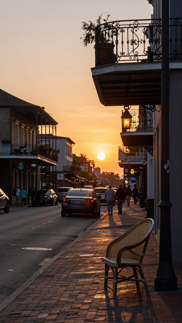 Sunset Street Scene in New Orleans Louisiana with Lantern and Rattan Chair in in New Orleans, Louisiana, United States
