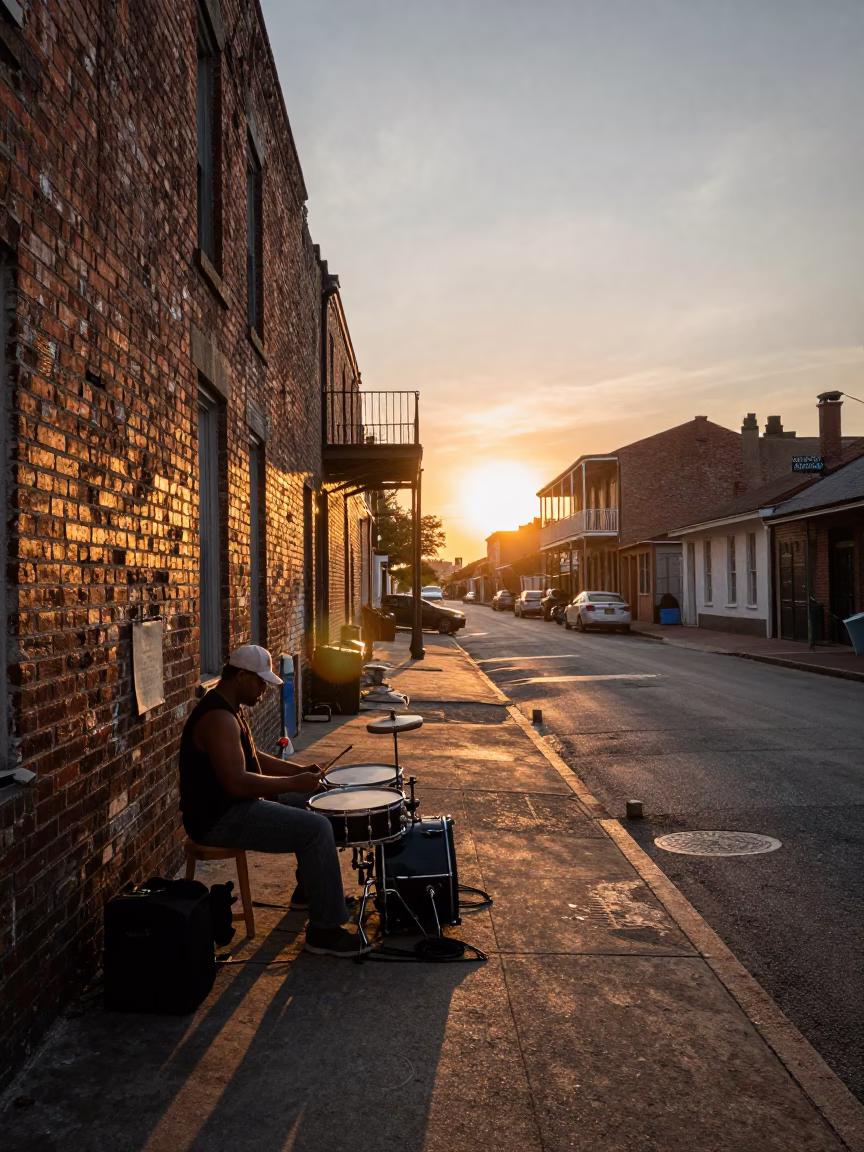 Sunset Street Scene in New Orleans with Drum Brush and Drying Towels in in New Orleans, Louisiana, United States