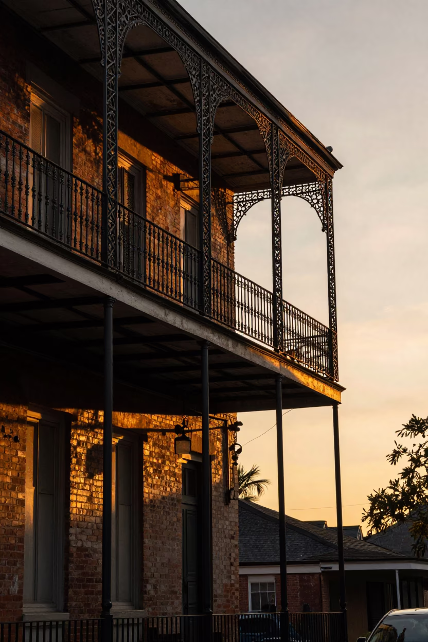 Sunset Street Scene in New Orleans with Iron Balconies and Local Life in in New Orleans, Louisiana, United States