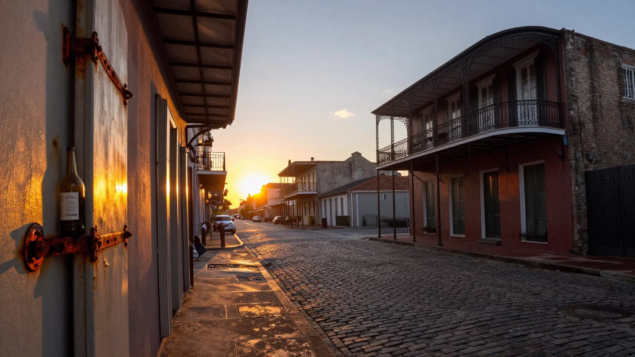 Sunset Street Scene in New Orleans with Rusty Hinges and Bottle in in New Orleans, Louisiana, United States