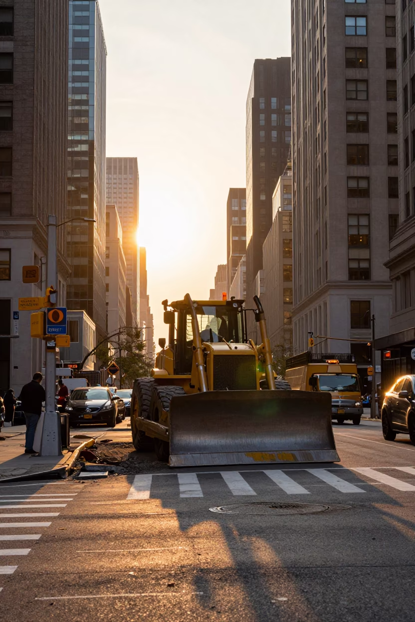 Sunset Street Scene in New York City with Construction Bulldozer and Urban Elements in in New York, New York, United States