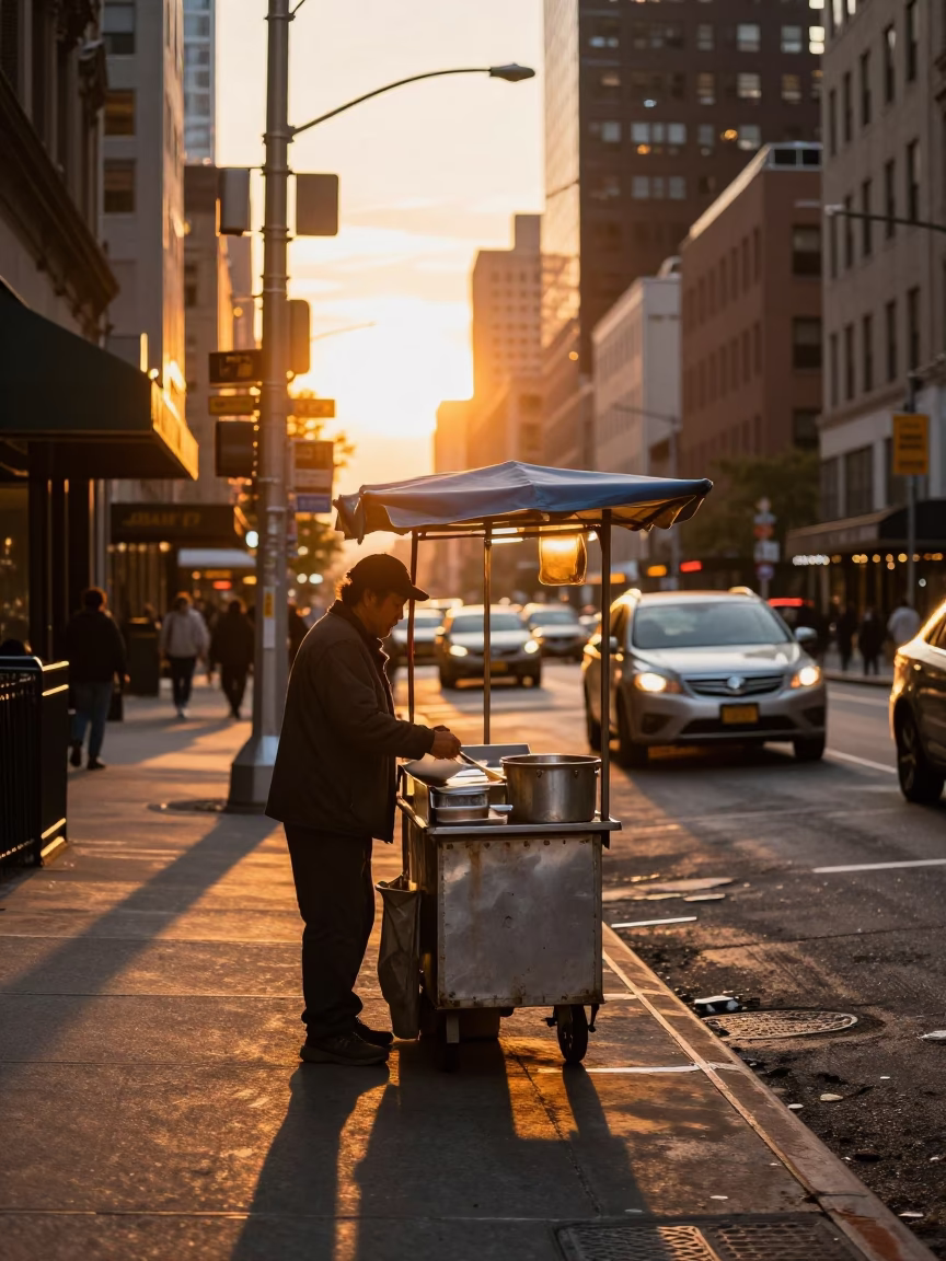 Sunset Street Scene in New York City with Food Vendor and Urban Details in in New York, New York, United States