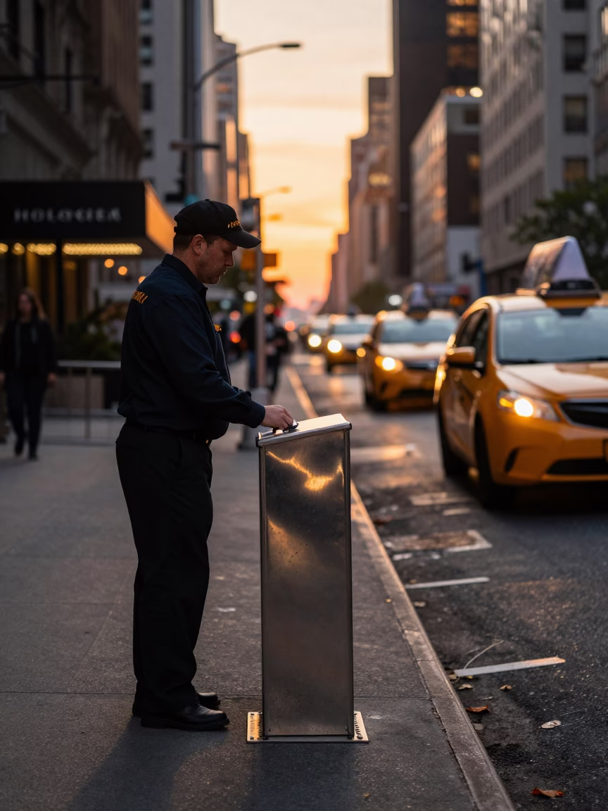 Sunset street scene in New York City with valet stand and headlight reflections in in New York, New York, United States