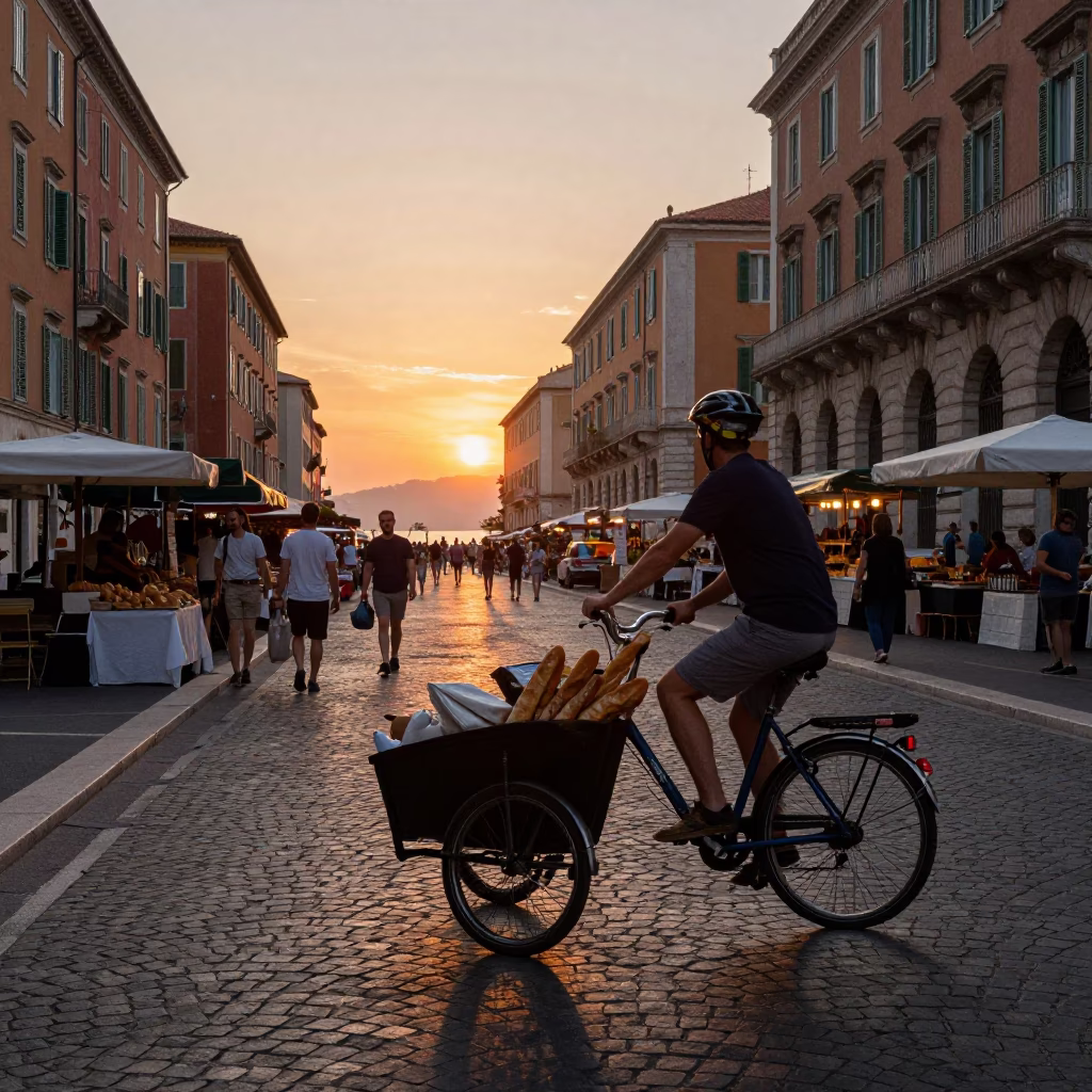 Sunset Street Scene in Nice France with Bicycle and Local Market Details in in Nice, France