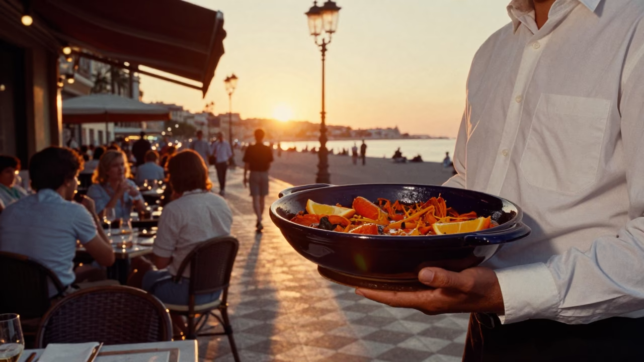 Sunset Street Scene in Nice France with Bouillabaisse and Vintage 1980s Ambiance in in Nice, France