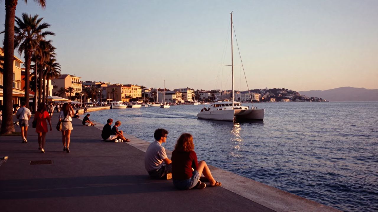 Sunset Street Scene in Nice France with Catamaran and Leaf Shadows in in Nice, France