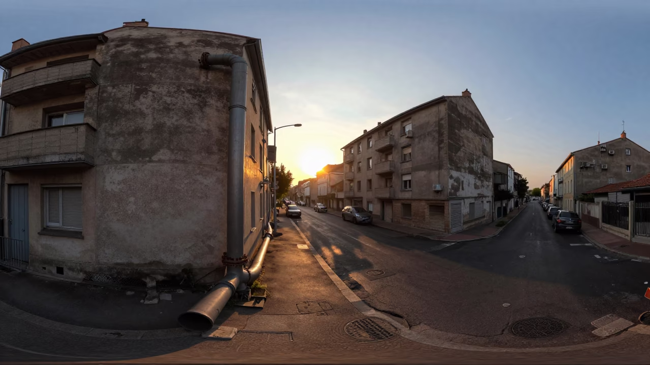 Sunset Street Scene in Nice France with District Heating Pipes and Concrete Apartment Blocks in in Nice, France