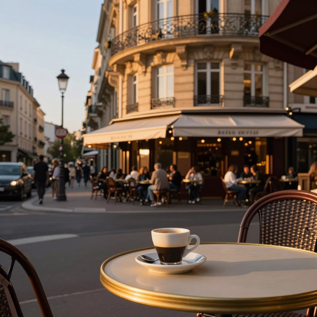 Sunset Street Scene in Nice France with Espresso Cup and Local Architecture in in Nice, France