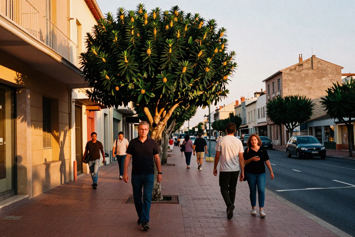 Sunset Street Scene in Nice France with Euphorbia Candelabra Tree and Blue Sky in in Nice, France