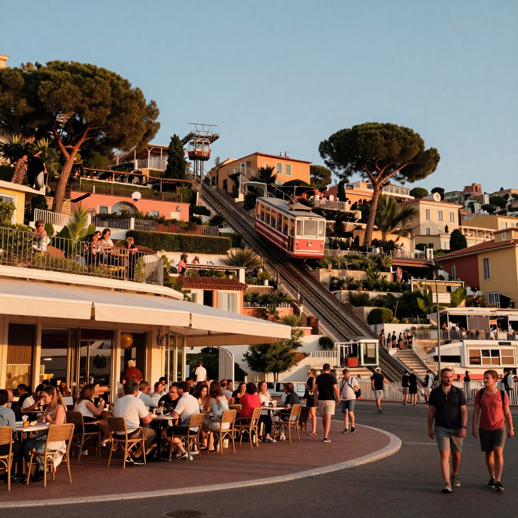 Sunset Street Scene in Nice France with Funicular and Terrace Dining in in Nice, France