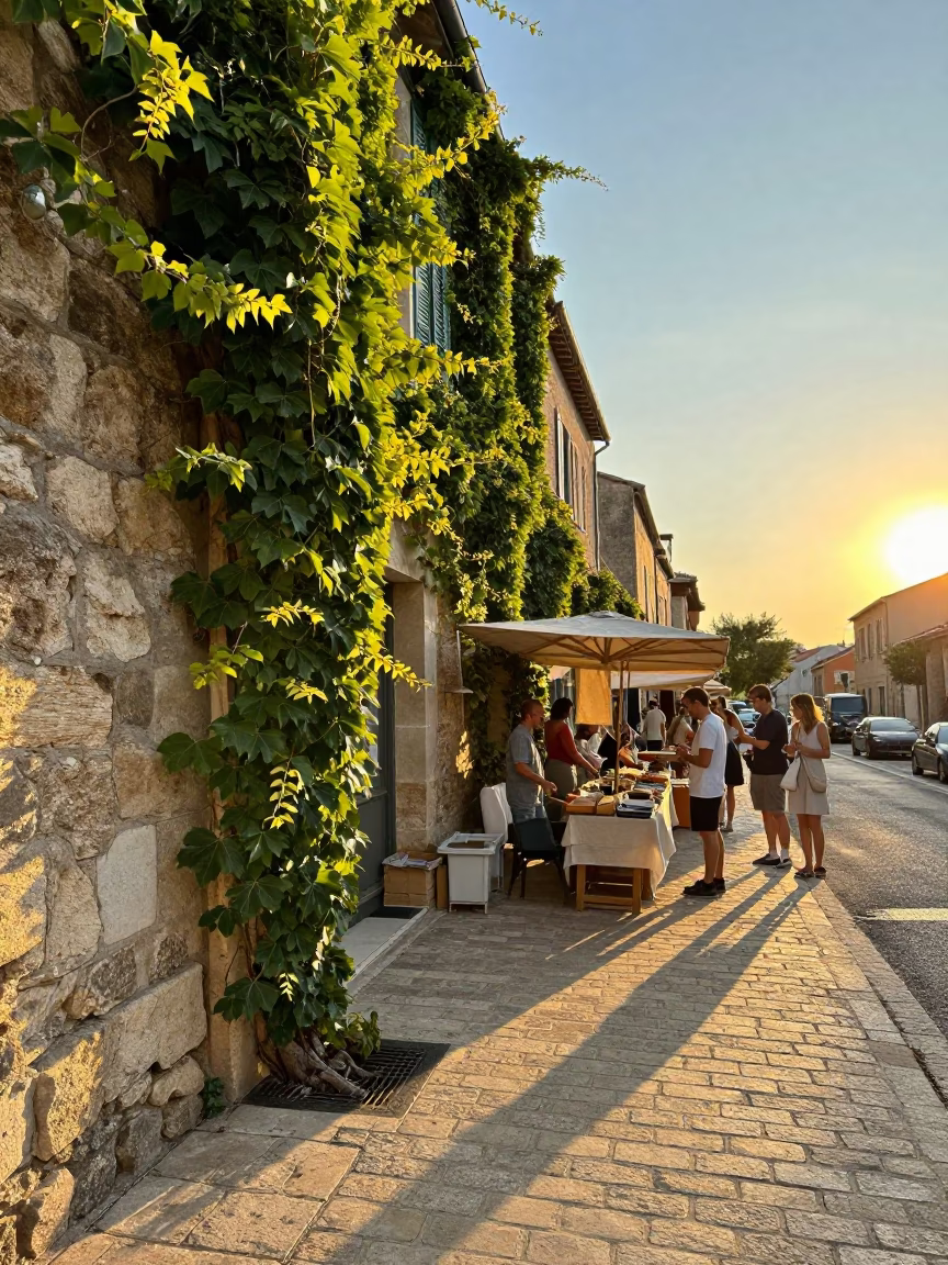 Sunset Street Scene in Nice France with Ivy Vines and Linen Fringe Details in in Nice, France