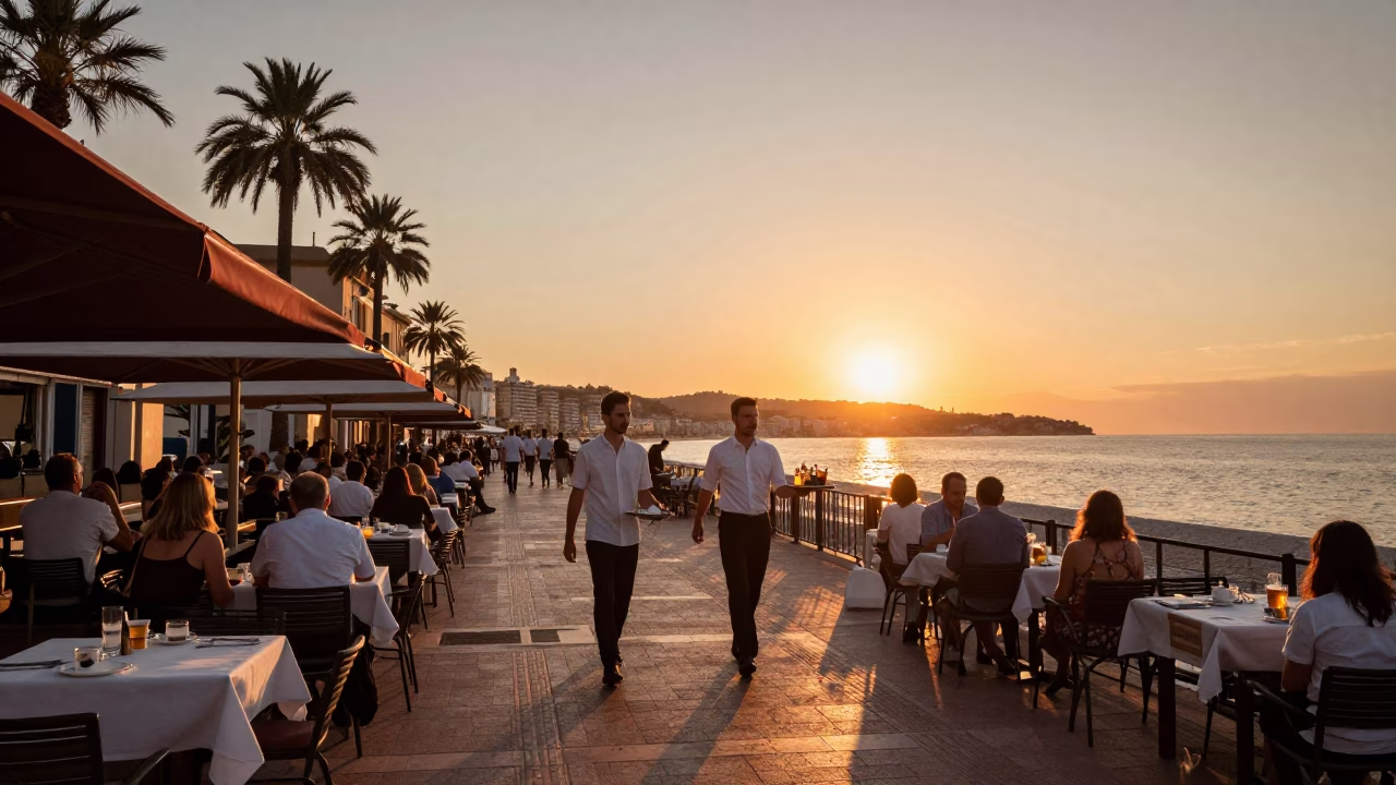 Sunset Street Scene in Nice France with Local Diners and Linen Napkins in in Nice, France