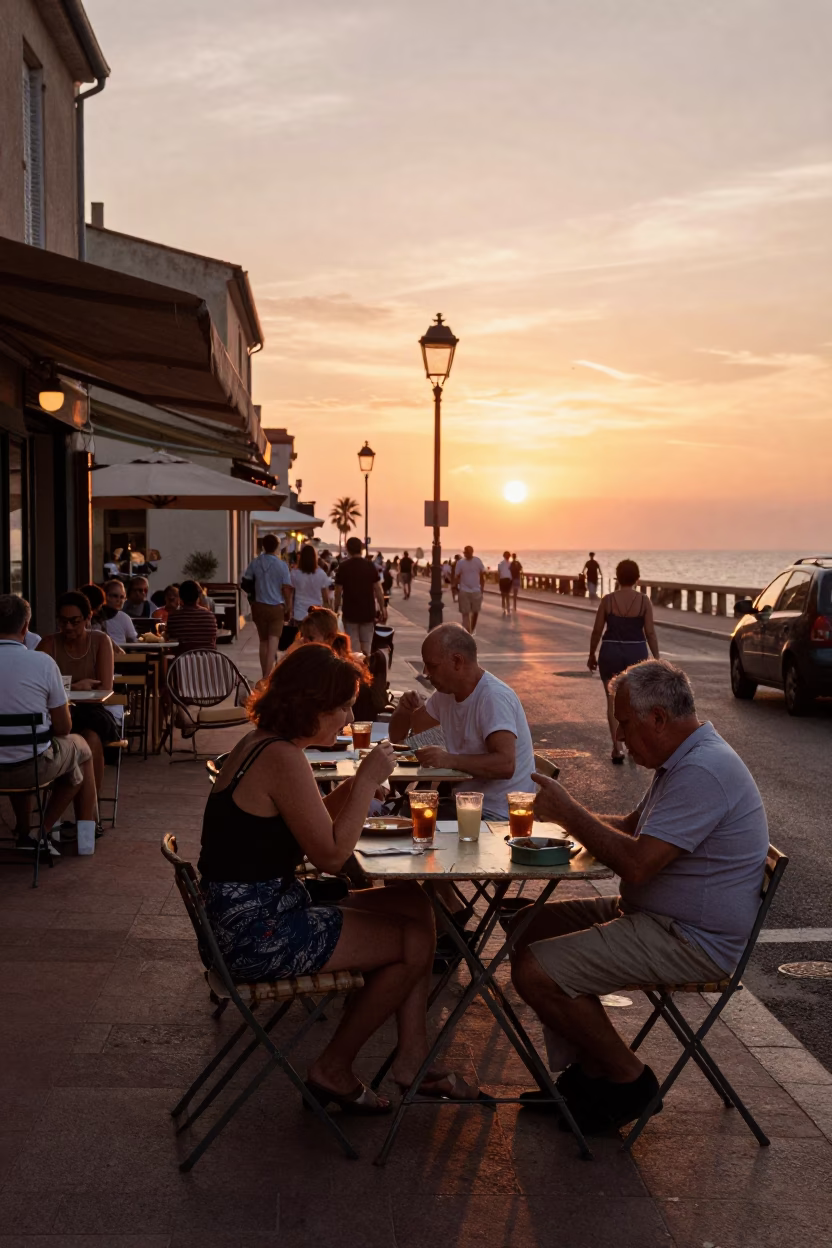 Sunset Street Scene in Nice France with Vintage Table and Local Dining in in Nice, France