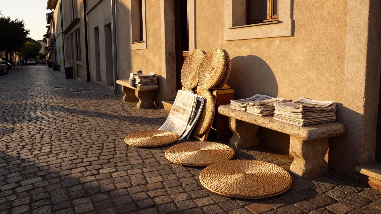 Sunset Street Scene in Nice France with Woven Mats and Newspaper Stack in in Nice, France