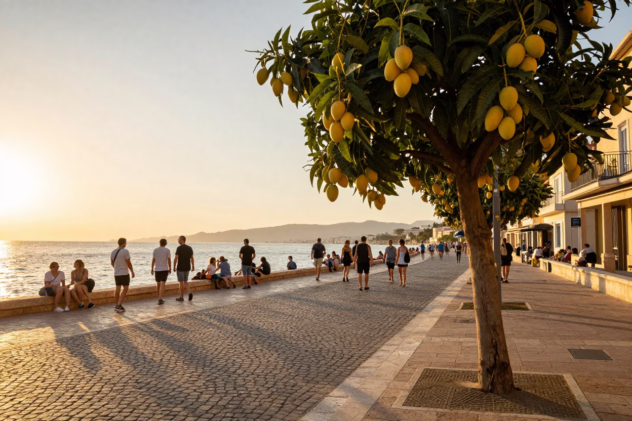 Sunset Street Scene in Nice France with Yellow Mango Tree and Busy Pedestrians in in Nice, France