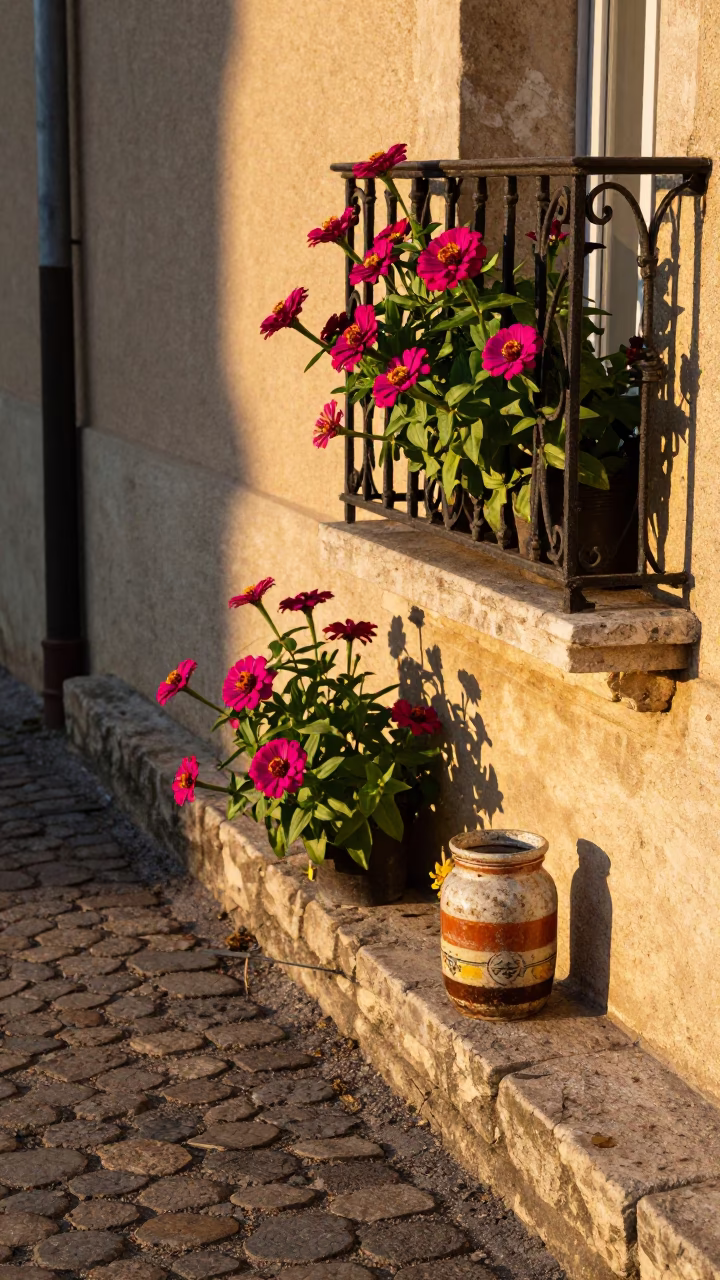 Sunset Street Scene in Nice France with Zinnias and Jam Jar in in Nice, France