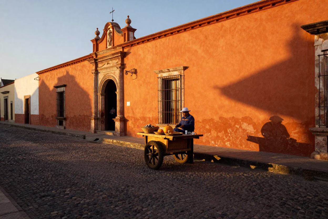 Sunset Street Scene in Oaxaca Mexico with Basket Tray and Pumpkin Display in in Oaxaca, Mexico