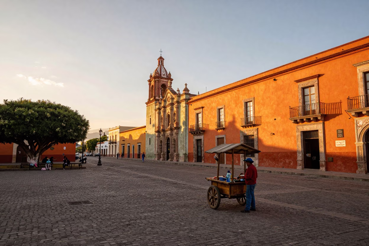 Sunset street scene in Oaxaca Mexico with colorful colonial architecture and local vendors in in Oaxaca, Mexico