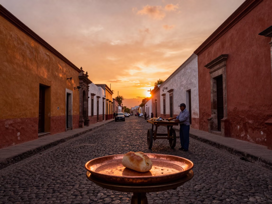 Sunset Street Scene in Oaxaca Mexico with Copper Tray and Bread Basket in in Oaxaca, Mexico