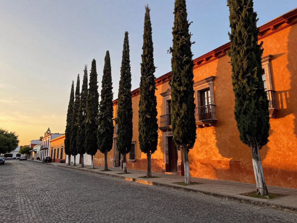 Sunset Street Scene in Oaxaca Mexico with Cypress Trees and Local Market Activity in in Oaxaca, Mexico