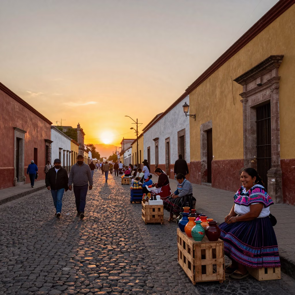 Sunset Street Scene in Oaxaca Mexico with Local Vendors and Traditional Pottery in in Oaxaca, Mexico