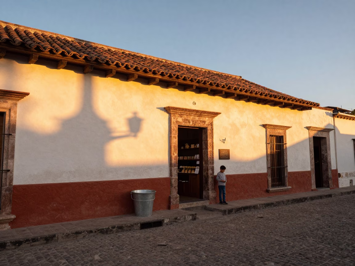 Sunset Street Scene in Oaxaca Mexico with Metal Bucket and Bakery Bicycle in in Oaxaca, Mexico
