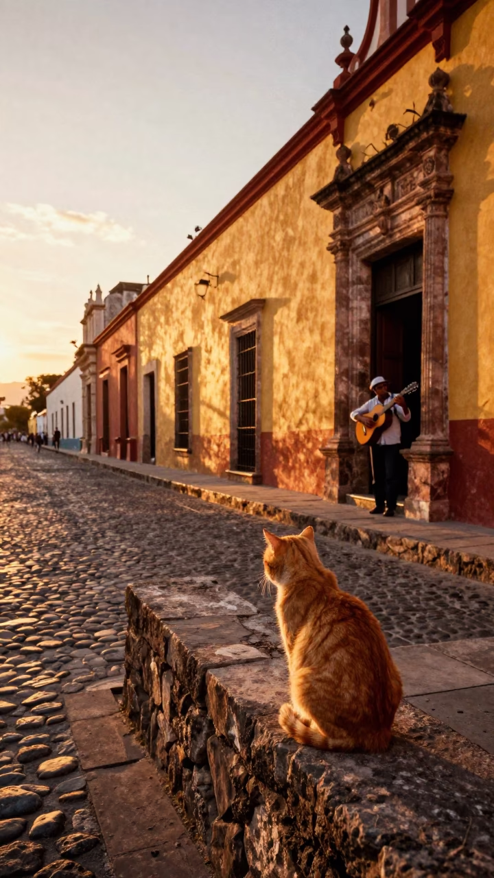 Sunset Street Scene in Oaxaca Mexico with Orange Cat and Guitar in in Oaxaca, Mexico