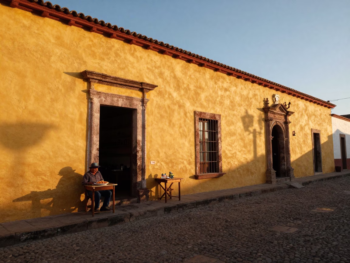 Sunset Street Scene in Oaxaca Mexico with Plate of Enchiladas and Local Dining in in Oaxaca, Mexico