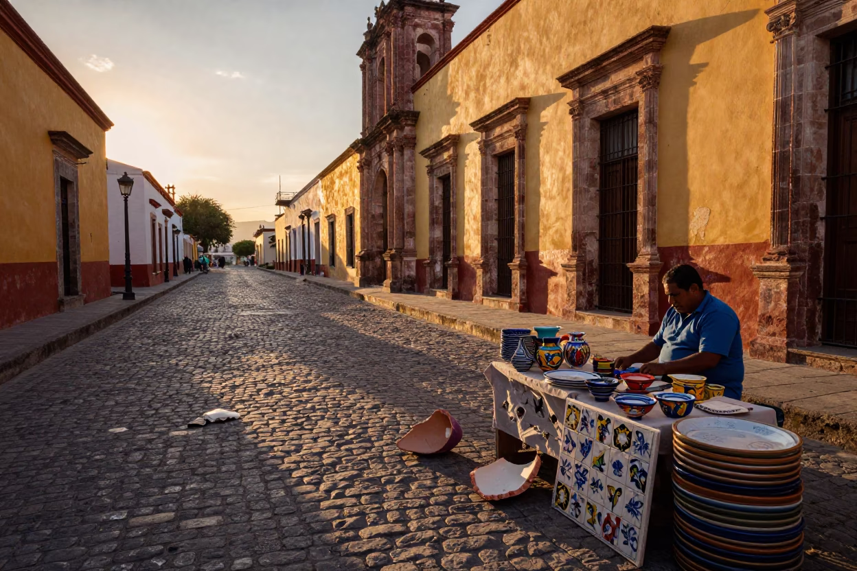 Sunset Street Scene in Oaxaca Mexico with Pottery Shard and Tile Scratches in in Oaxaca, Mexico