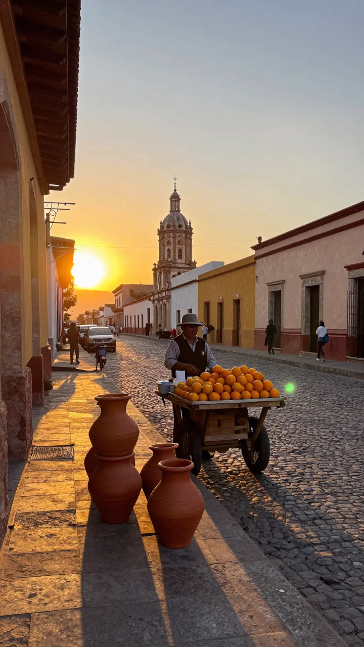 Sunset street scene in Oaxaca Mexico with terracotta pots and local vendors in in Oaxaca, Mexico