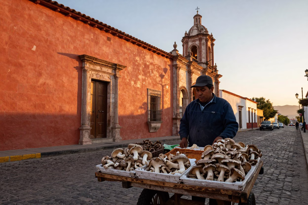 Sunset Street Scene in Oaxaca Mexico with Vendor Selling Fresh Mushrooms in in Oaxaca, Mexico