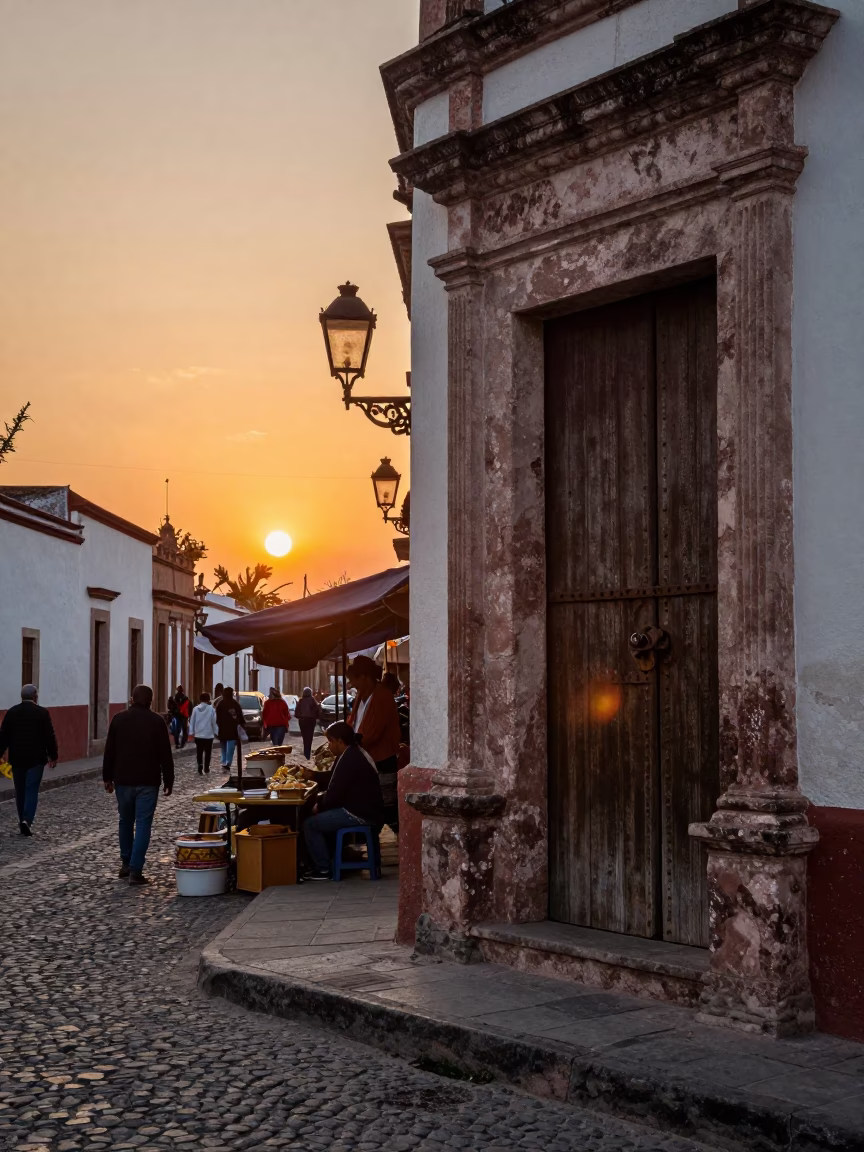 Sunset Street Scene in Oaxaca Mexico with Vintage Latch and Weathered Wicker Basket in in Oaxaca, Mexico