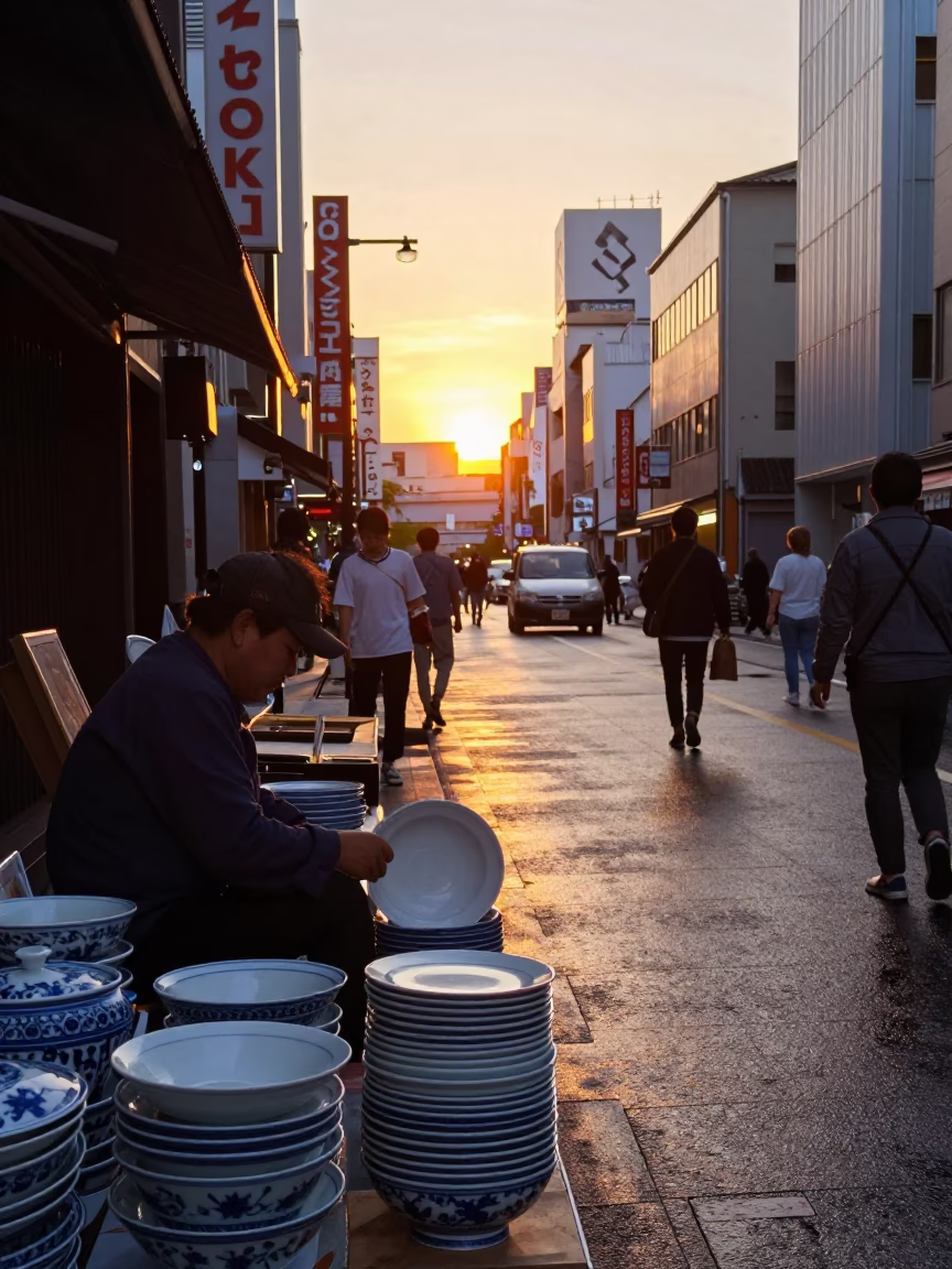 Sunset Street Scene in Osaka Japan with Blue and White Porcelain Plate in in Osaka, Japan