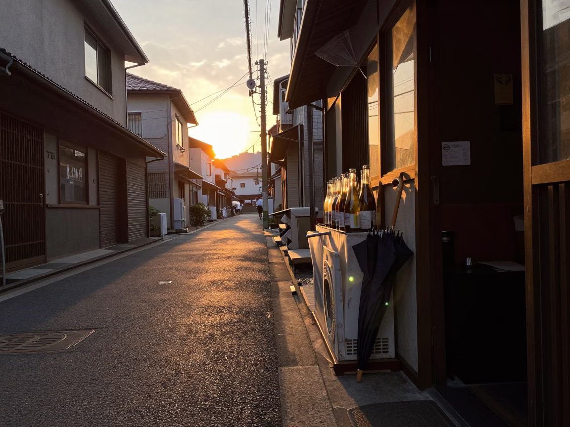 Sunset street scene in Osaka Japan with glass bottles and umbrella stand in in Osaka, Japan