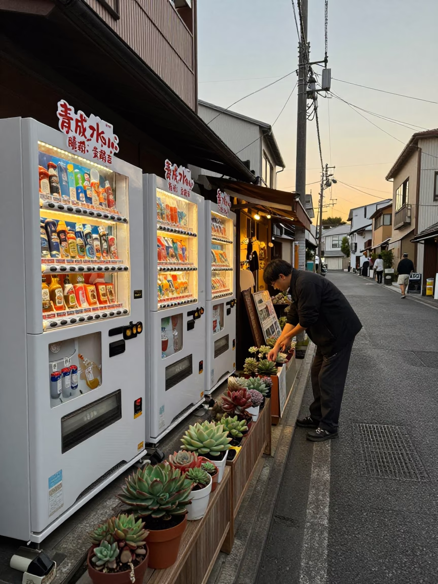 Sunset street scene in Osaka Japan with vending machines and potted succulents in in Osaka, Japan