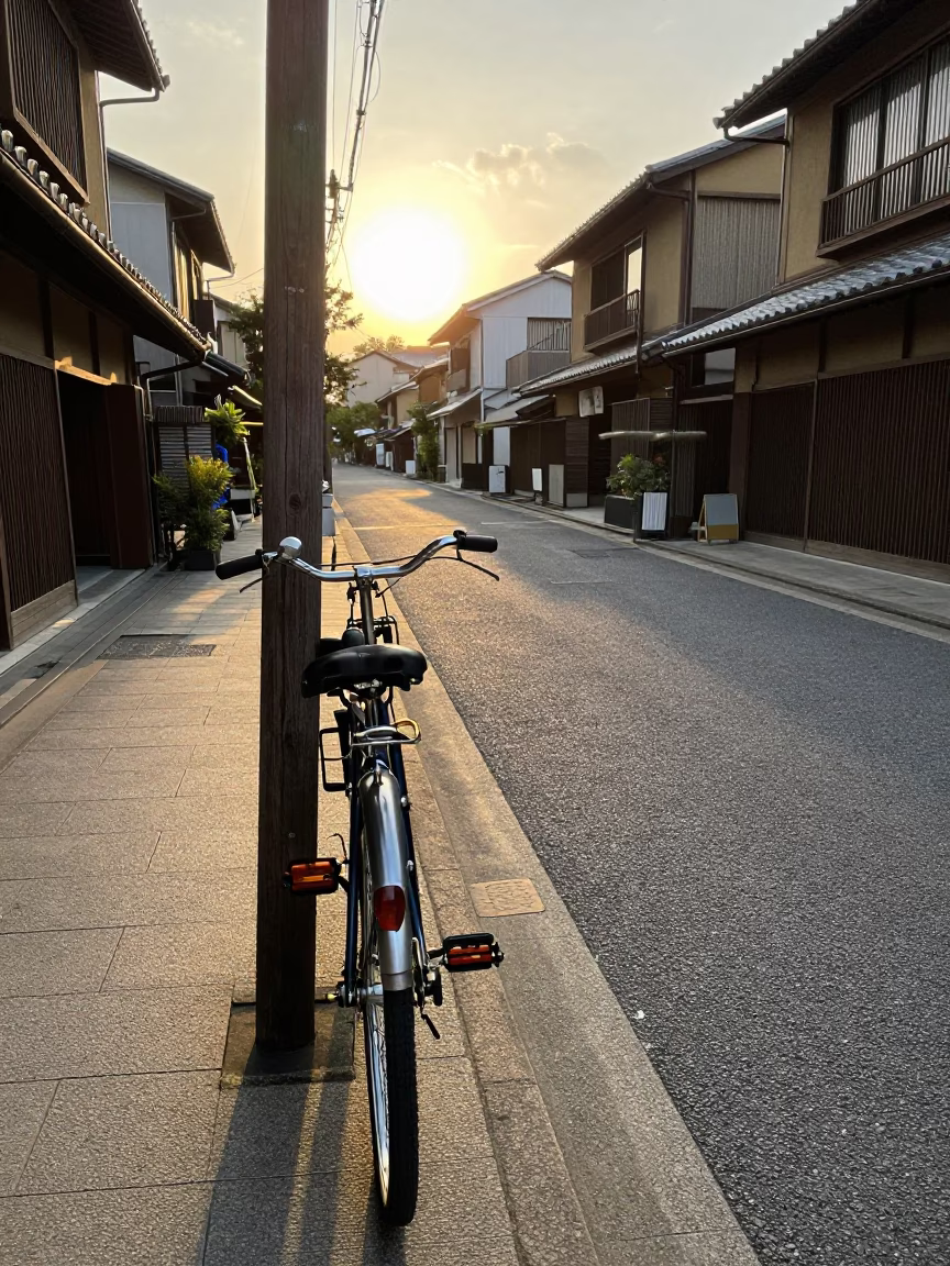 Sunset street scene in Osaka Japan with vintage bicycles and traditional storefronts in in Osaka, Japan