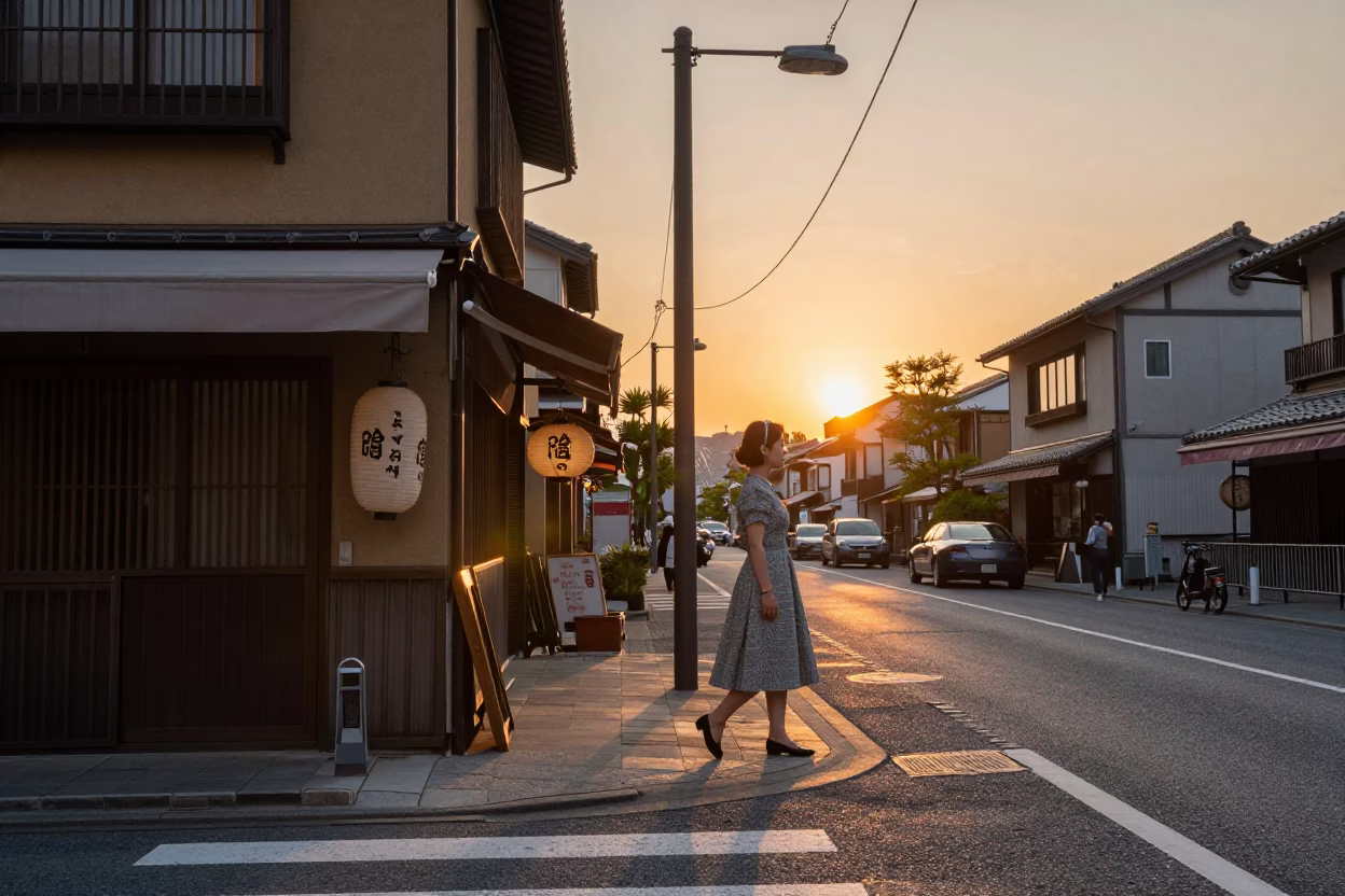 Sunset Street Scene in Osaka Japan with Vintage Charm Bracelet and Local Interaction in in Osaka, Japan